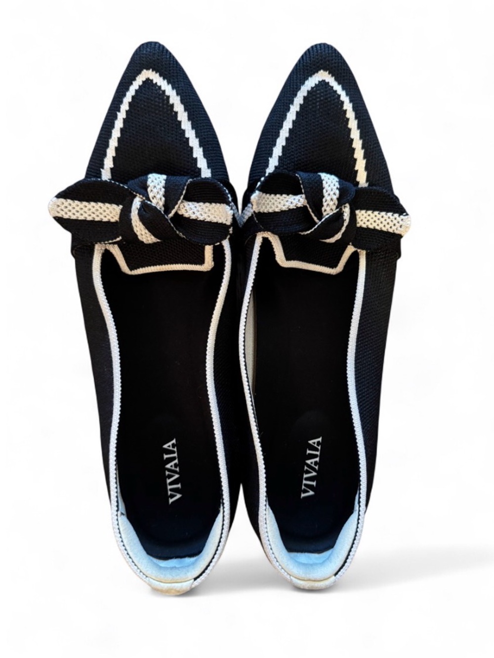 VIVAIA Black and White Pointed Knit Ballet Flats with Bow - Picture 2 of 3